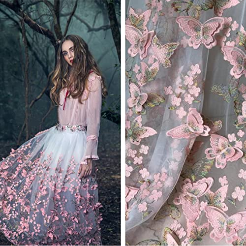 51" Width 3D Butterfly Floral Flower Embroidered Tulle Lace Fabric Mesh Lace Fabric by The Yard for DIY Handmade Clothing Wedding Dress Home Decor (3 Yard, Pink)