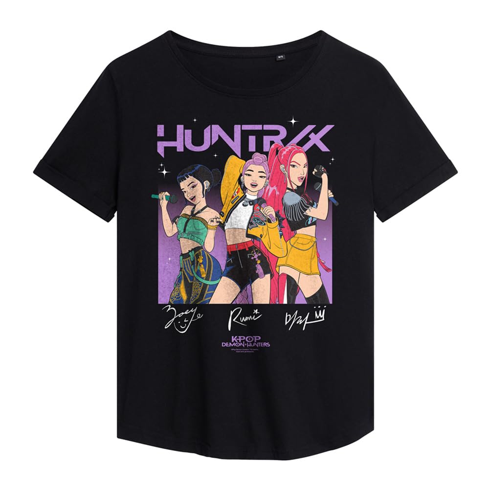 Kpop Demon Hunters Singing Signatures Ladies Fashion T Shirt, Black, Medium