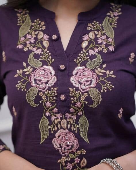Image of Women's Purple Embroidered Cotton Kurti with Palazzo and Dupatta Set, Ethnic Indian Wear, Floral Design