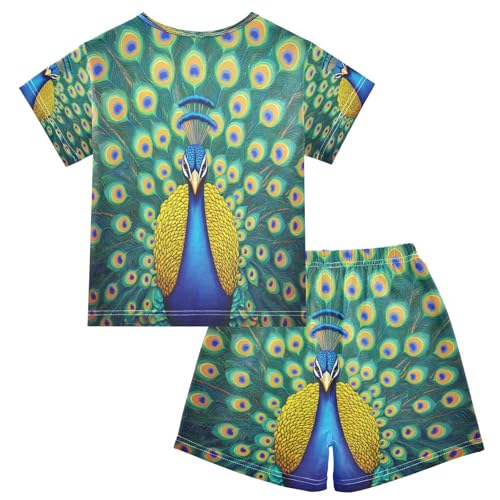 ALAZA Peacock Bird Blue Yellow Pajamas Set Short Sleeve Cotton Sleepwear Summer Pjs 2 Piece 5-14Y2
