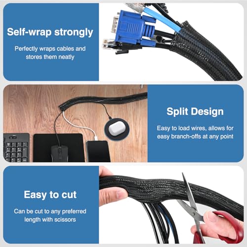 Image of Nilight Cable Sleeve, 10ft-1inch Cord Management Sleeves Black Wire Loom | Braided Sleeving, Split Self Wrapping Wire Loom for Computer Electrical Automotive Harness Protector Organizer, Black
