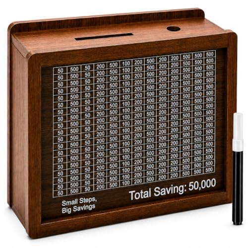 Image of PulGos Wooden Money Saving Box with Marker|50,000 Goal Counter Piggy Bank