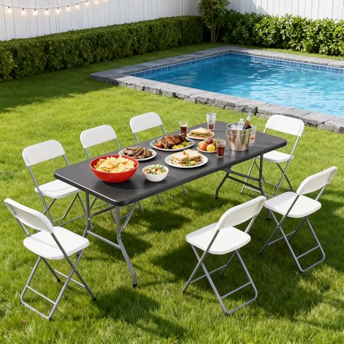 Image of BestOffice 6 FT Picnic Table, Portable Plastic Folding Table with Carrying Handle Perfect for Picnics, Parties, Party and Camping, Grey