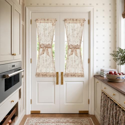 Image of jinchan Taupe Linen Floral French Door Curtains 40 Inch Rod Pocket 2 Panels