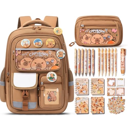 Fimibuke Capybara Backpack for School Girls, 28PCS Capybara Toddler School Supplies Stationery Set with Bookbag Pencil Case Pens Pencils Notebook Easter Gifts for Kindergarten Elementary Student