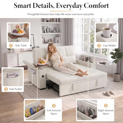 Image of Dreamzie 65'' Convertible Sleeper Sofa Bed with Swivel Side Table, Chenille Pull Out Couch for Living Room, Loveseat Sleeper Couch with Hidden Storage Space | Charging Port | Cup Holders, Off White