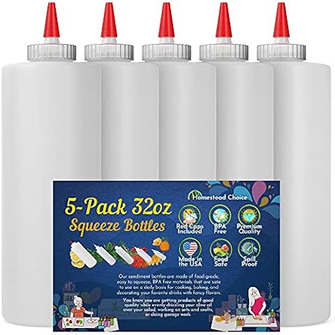 5-pack Plastic Squeeze Condiment Bottles - 32 Ounce with Red Tip Cap - Made in USA - Perfect for Ketchup, BBQ, Sauces, Syrup, Condiments, Dressings, Arts and Crafts Cover