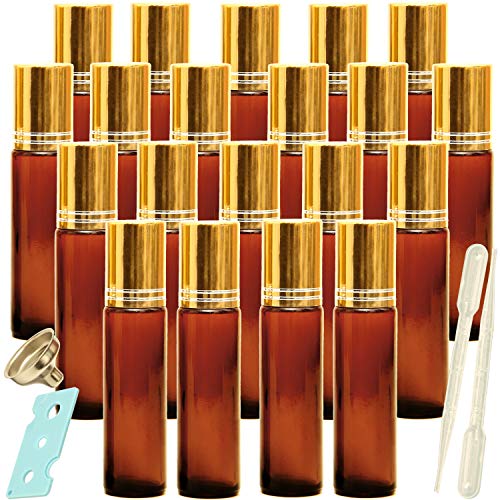 Youngever 20 Pack Amber Essential Oil Roller Bottles with Stainless Steel Roller Balls, Opener, 2 Clear Transfer Pipettes, Stainless Steel Mini Funnels and Extra Roller Ball