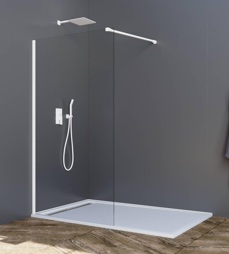 IMEX - Kabina prysznicowa stała 70 cm, z przodu, matowa, biała, z ramieniem mocującym, ścianka prysznicowa ze szkła antykamieniowego i profili aluminiowej o wysokości 195 cm, szkło o grubości 8 mm
