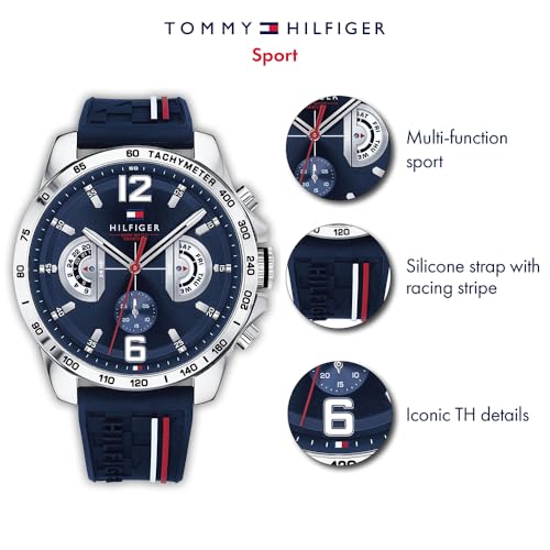 Reloj Tommy Hilfiger sport con correa de silicona, mostrando características como multifuncionalidad, detalles de carrera y diseño icónico