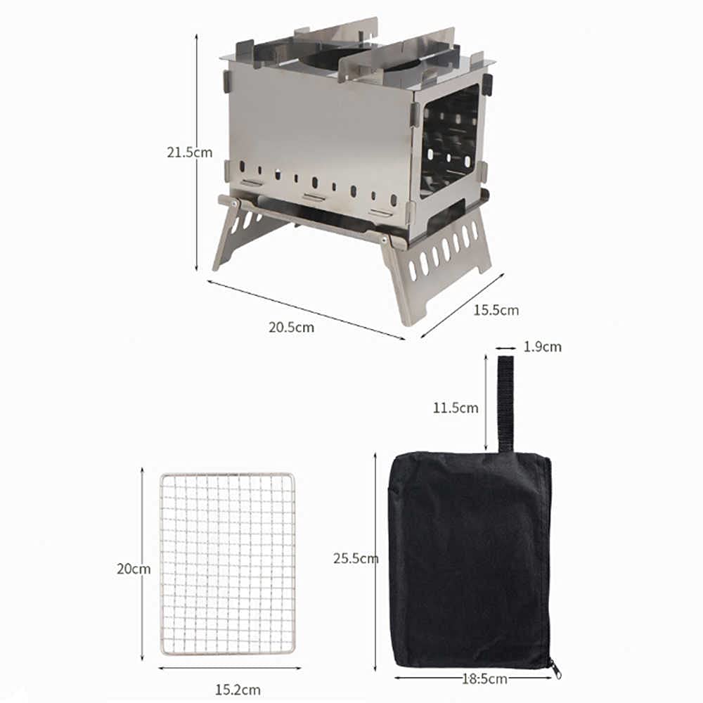 3-in-1 Campingkocher aus Edelstahl · Faltbarer Holzofen mit 3 Aufsätzen (Grillrost, parallele & gekreuzte Halterungen) · Für BBQ, Picknick, Wandern & Reisen