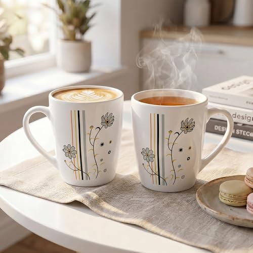 Image of UPC Daisy Line Bone China Mug Set of 2 | Floral Printed Ceramic Coffee & Tea Cups | Stylish Milk Mugs for Home, Office, Kitchen & Everyday Use