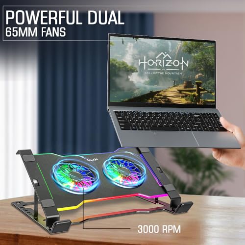 Image of CLAW Hyper Lift X2 Laptop Cooling Stand with Dual 3000RPM Fans, 7-Level Height Adjustment, 10 RGB Modes, Steel+ABS Build, DC 5V Power, 15kg Load Capacity, Compatible with 10-17 inch Laptops