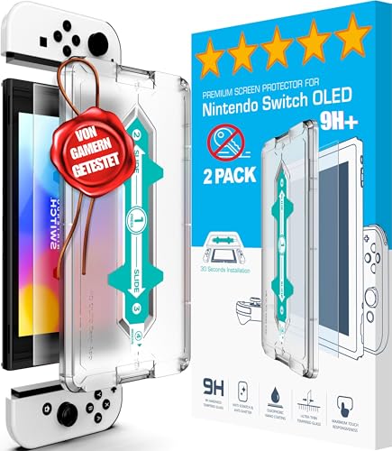 XeloTech Schutzglas für Nintendo Switch OLED mit Schablone zur Positionierung 2 Stück - Echter Dispalyschutz - Keine Fol...