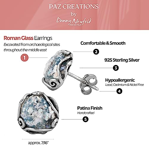 Paz Creations Women's 925 Sterling Silver Roman Glass Patina Stud Earrings - Handcrafted Round-Cut Ball Earring - Unique Natural Organic Jewelry For Her3