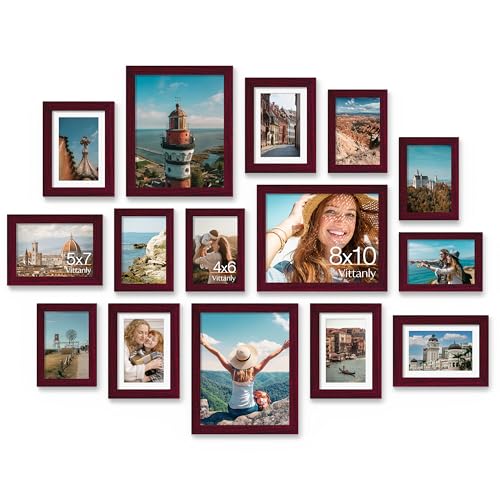 Image of Vittanly 15 Pack Picture Frames Collage Wall Decor for Mounting or Tabletop Display, Gallery Frame Set for Family, Multi Sizes Including 3pcs 8x10, 6pcs 5x7, 6pcs 4x6, Cherry Red