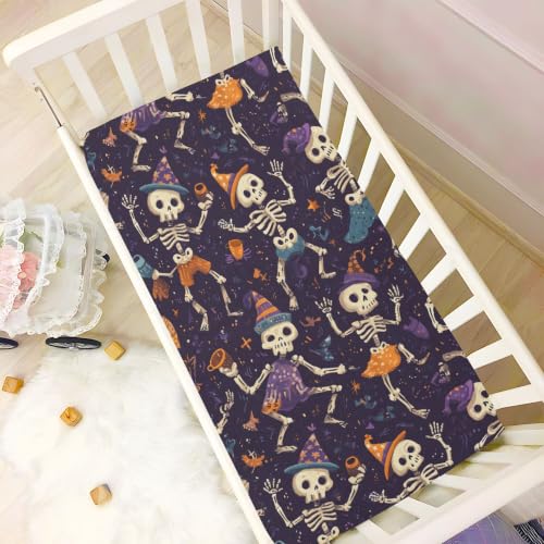 Image of Halloween Cute Skeleton Crib Sheets | Soft Breathable Fitted Baby Crib Sheets Mattress Cover for Girls Boys 52 inch x 28 inch x 9 inch