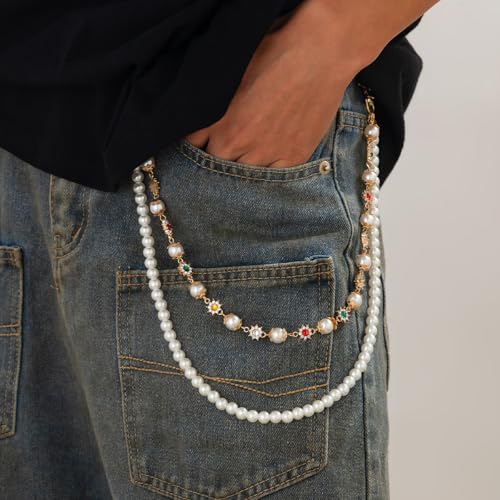 Image of Layered Wallet Pants Chains for Men Dainty Rhinestone Flower Pearl Pocket Jeans Wallet Chain Punk Jewelry Gift for Women
