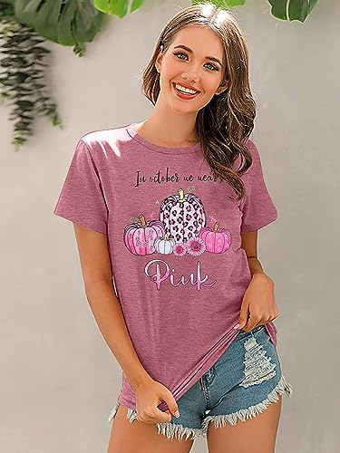 Women in October We Wear Pink Shirts Breast Cancer T-Shirt Pumpkins Graphic Casual Halloween Tops4