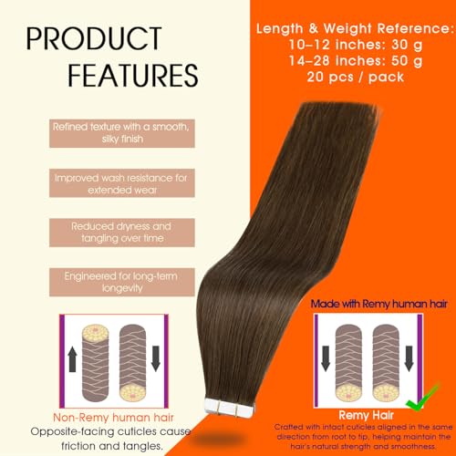 Image of Full Shine Tape in Extensions Human Hair 18 Inch Real Tape in Hair Extensions Color 4 Middle Brown Hair Extensions Real Human Hair Straight Seamless Skin Weft 20Pcs 50G Remy Invisible for Women