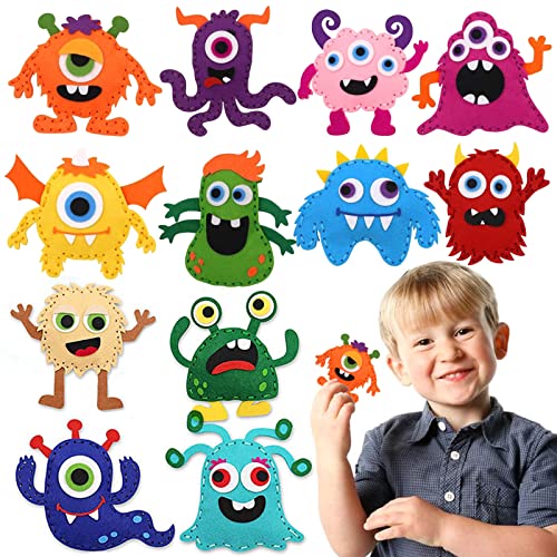 Cosysparks Felt Sewing Craft Kit for Kids 12 Pack Monster Sewing Kit Childrens Sewing Kits for Beginners Fun DIY Educational Sewing Craft Gift with Sewing Tools for Boys Girls (Monster)
