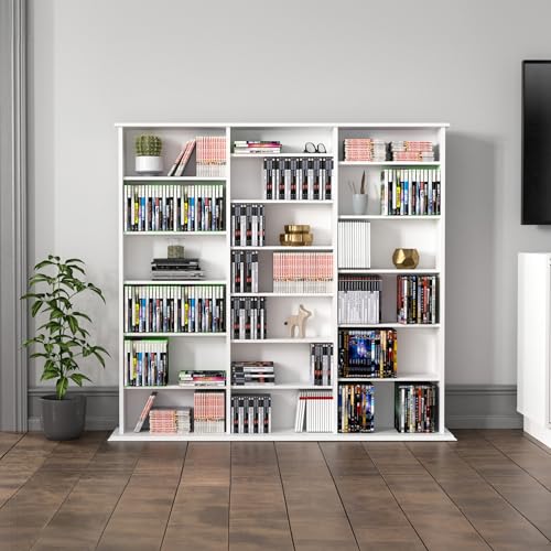 Image of Prepac 3 Column 51 inch Tall White Display Multimedia Cabinet, Wood Media Storage with Removable Sheves, Modern Multimedia Storage Unit with 21 Adjustable Shelves for Books, DVDs and Collectibles, White