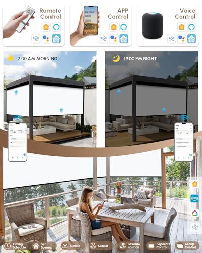 Image of Kincmo Motorized Outdoor Shades for Patio Porch, Custom Outdoor Motorized Blinds with Remote, Waterproof & Windproof Patio Shades Work with Apple Home,Alexa,Google (White-0% Openness)