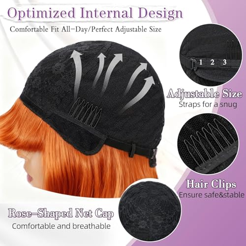 Image of ZHENGON 350 Ginger Orange Bob Human Hair Wig with Bangs Silky Straight Glueless Wigs Human Hair 180% Density Bob Wig with Bangs None Lace Machine Made Wigs for Black Women 12Inch