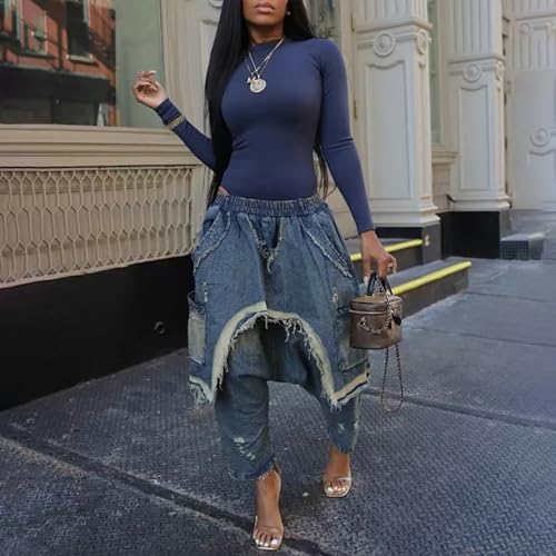 Women's Denim Harem Pants Irregular Hem Elastic Waist Ripped Distressed Wide Leg Baggy Jeans4