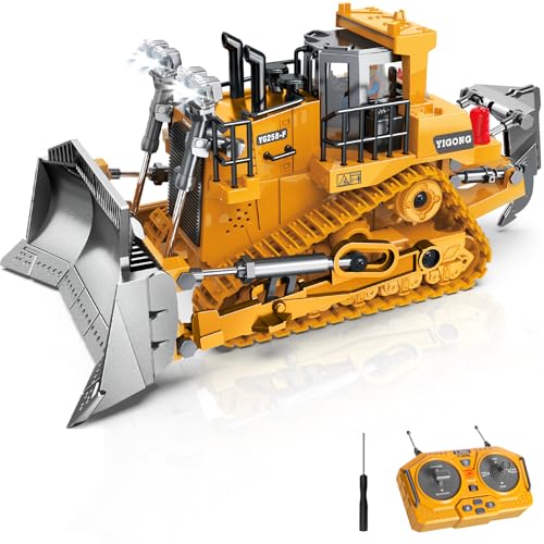 Ferngesteuerter Bulldozer 9-Kanäle Metall RC Baufahrzeug Spielzeug mit Licht Sound und Wiederaufladbarem Akku Ferngesteuertes Planierraupe Spielzeug Geschenk für Kinder Jungen Mädchen 412 (2.4 GHz)