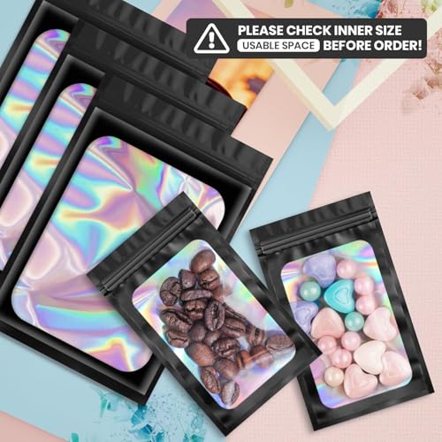 Funfery 100 pcs Black Mylar Holographic Bags Packaging Bags,Clear Resealable Bag Foil Pouch Bag for Food Storage and Lipgloss,Jewelry,Eyelash Packaging for Small Business(2.4x3.9Inch)2