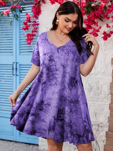 Image of ZENNILO Women's Plus Size Swing Dress with Pockets Casual Summer Dresses V Neck Short Sleeve T Shirt Dress for Women