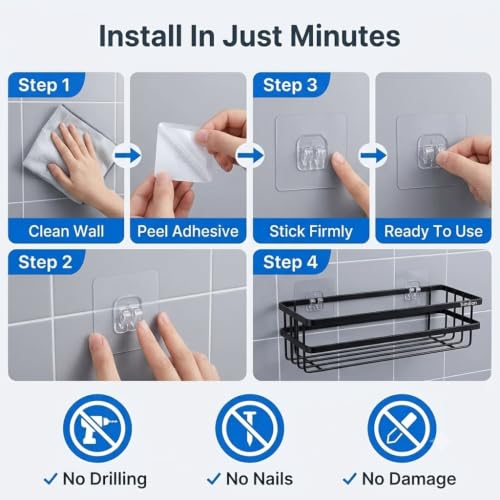 Image of Bindian Self-Adhesive Bathroom Shelf with Hooks, Pack of 2 | No-Drill Wall Mounted Shower Caddy Organizer | Rustproof Bathroom Storage Rack for Shampoo, Soap & Toiletries | Space Saving Adhesive Shelf