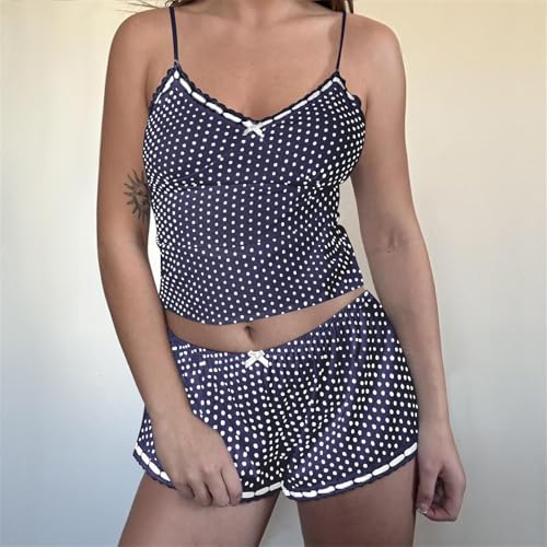 Image of Yuemengxuan Women Y2k Polka Dot Pajamas Sets 2 Piece Sexy Summer Outfits Set Sleeveless Strappy Cami Top Crop Top Shorts Set