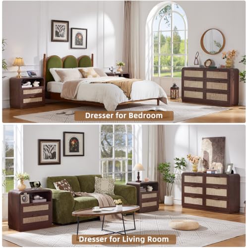 Image of LEYAOYAO Rattan 6 Drawer Dresser for Bedroom, Walnut | Modern 49 inch Wide Curved Dressers & Chests of Drawers with Solid Wood Handle & 5 inch Deep Drawers & Anti-Tip Safety