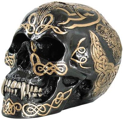 PTC 7 Inch Black and Gold Color Celtic Pattern Skull Statue Figurine