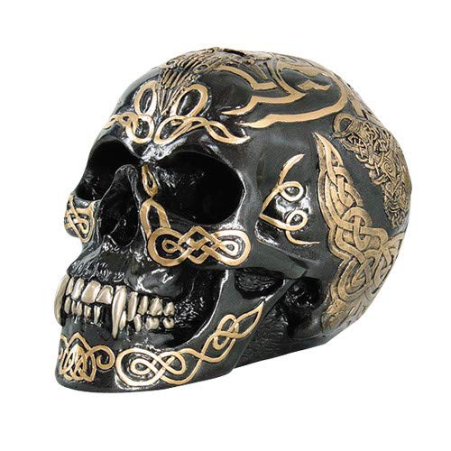 Estatua de Calavera con Patrón Celta Negro y Dorado 7 Pulgadas