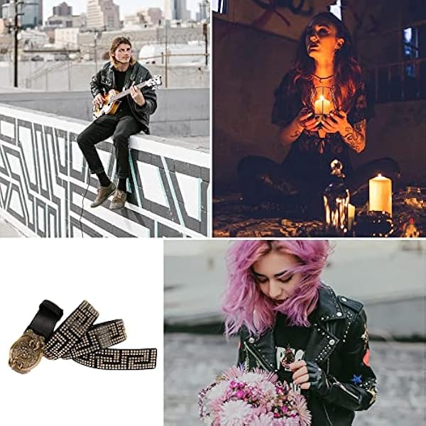 Punk Rock Bälte Med Häftstift Med Guldnit I Cirkulära Pärlor Arrangemang Läderrem Med Graverat Lejonhuvud Och Tassar Spänne(125cm/waist:43", Black)