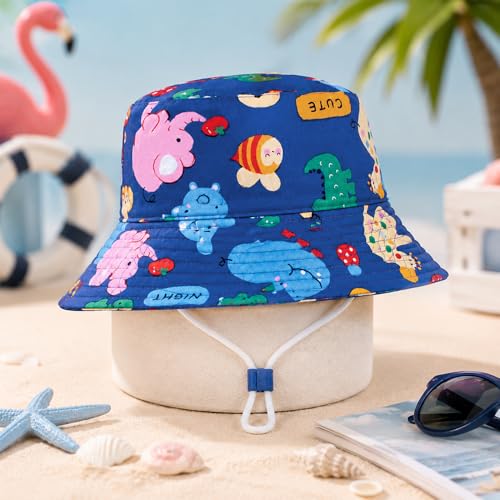 Image of VRITRAZ Unisex Kids Printed Bucket Hat | UV Protection Sun Hat with Adjustable Chin Strap & Summer Beach Travel Outdoor Cap for Toddlers & Children (4-12 Years)