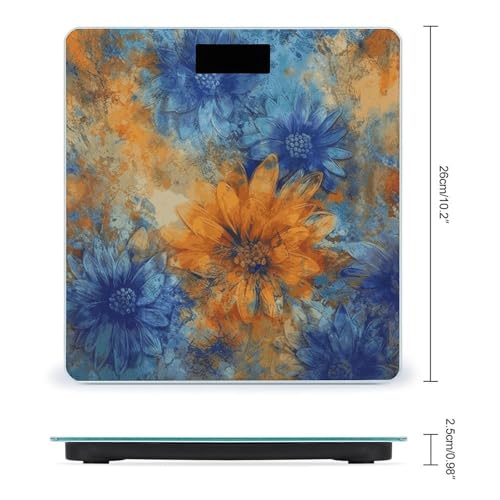 Báscula digital de baño flores azul y naranja con pantalla LCD grande miniatura 2
