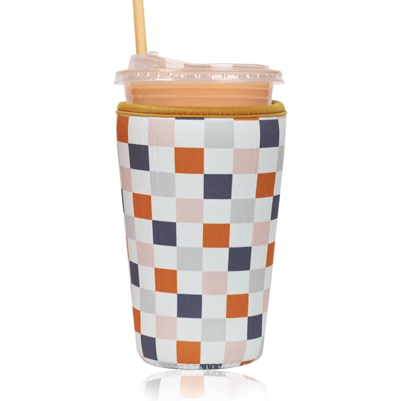 Reusable Insulated Sleeve for Iced Coffee Cup, Coffee Neoprene Sleeve for Cold &amp; Hot Drinks, Beverage Holder for Iced Coffee (Muted Grid, Large: 32oz)