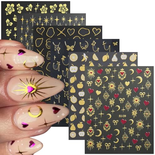 Gold Nail Art Stickers Decals Moon Star Flower Fruits Line Nail Self-Adhesive Sticker Designs 3D Golden Nail Transfer Decals Supplies for Women Girls Manicure Charm Decorations DIY Nail Decal