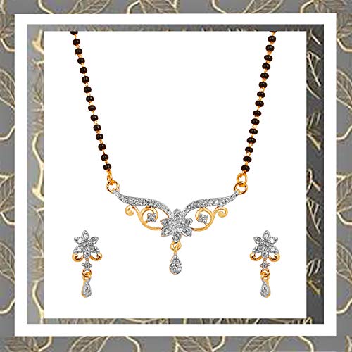 Touchstone Indian Bollywood Style Rhinestone Zirconia CZs Black Beads Symbolic Designer Jewelry Mangalsutra Set in Gold Or White Tone for Women.4