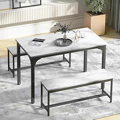 WiberWi Dining Table Set for 4, 47.3” Kitchen Dining Table, 3 Piece Kitchen Table and Chairs for 4, Heavy Duty Dining Room Table with Metal Frame & Faux Marble Tabletop for Kitchen Small Spaces Cover