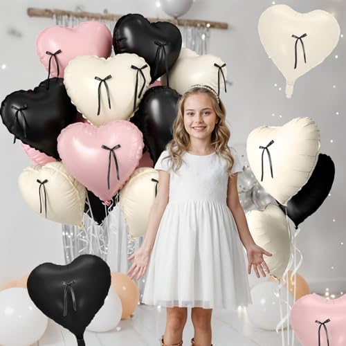 Image of Pink and Black Heart Balloons, 10 Pcs Baby Pink Cream Heart Shaped Balloon with Black Bow Ribbon, 18 Inch Pink Sand White Foil Balloons for Brithday Baby Shower Wedding Valentines Party Decoration