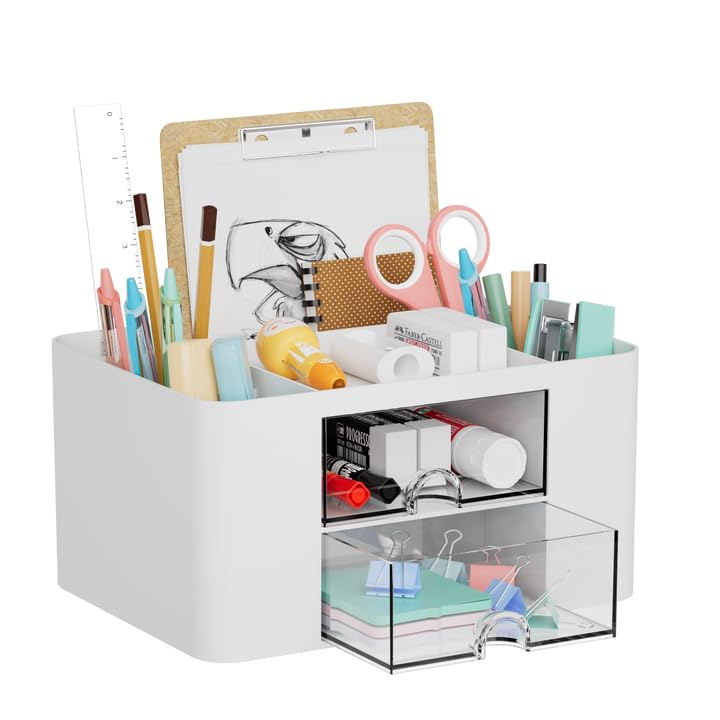 Marbrasse Schreibtisch Organizer mit Schubladen,Multifunktional Stiftehalter Schreibtisch mit 7 Fächer 2 Schubladen,Büro Organizer Zubehör(Weiß)