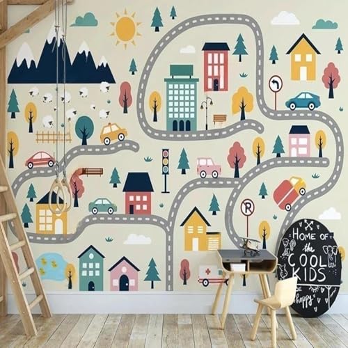 Papel tapiz mural personalizado de estilo nórdico pintado a mano con casas y carreteras con coches para habitación infantil. 200cm(W)×140cm(H)