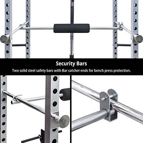 Merax Athletics Fitness Power Rack Olympic Squat Cage Home Gym with LAT Pull Attachment (Silver Power Rack)