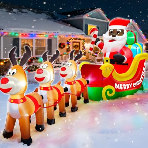 12 Ft Long Christmas Inflatable Black Santa Rides in a Sleigh Pulled by Three Reindeer with Gift Box African American Christmas Decorations Built-in LED Lights Blow up Xmas Decor for Yard Lawn Garden