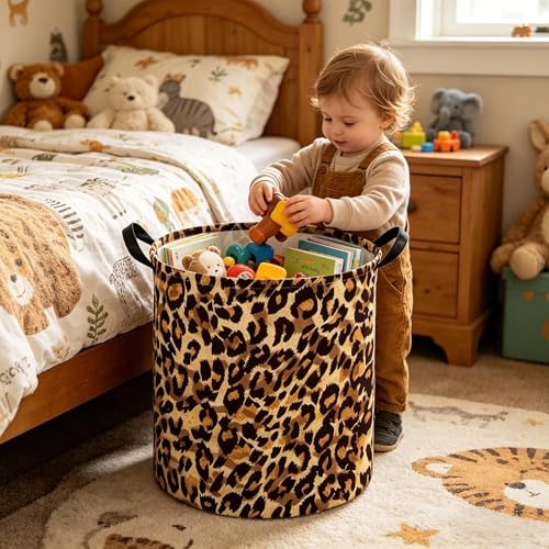 Image of Kids Laundry Basket,Leopard pattern hamper,Nursery Hampers,Waterproof folding Storage Bin with handle,Clothes Organizer Baskets,kid Room Decor(Leopard pattern)